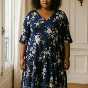 NWT Cameo Appearance Navy Floral Bell Sleeve Dress Lined Plus Size 2X